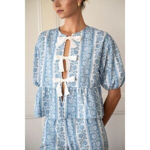 La Maregold The Brigitte Blouse Top Floral Print Puff Sleeve Cotton L/ XL 283415